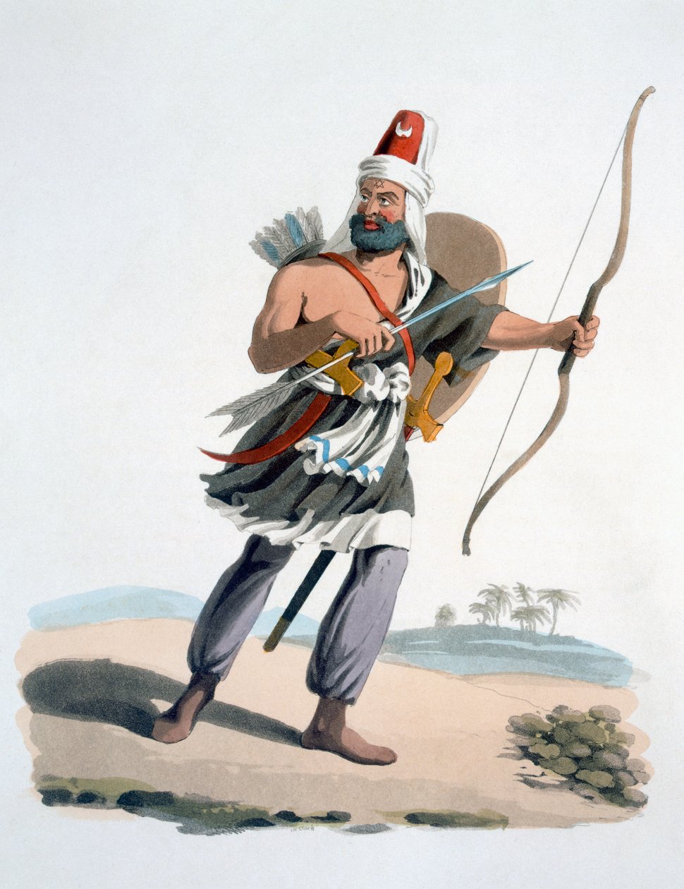 トルコのミリタリーコスチュームからのアラビアのジャニサリー、1830年（手描きのエッチングとアクアチント） 作： 英語学校