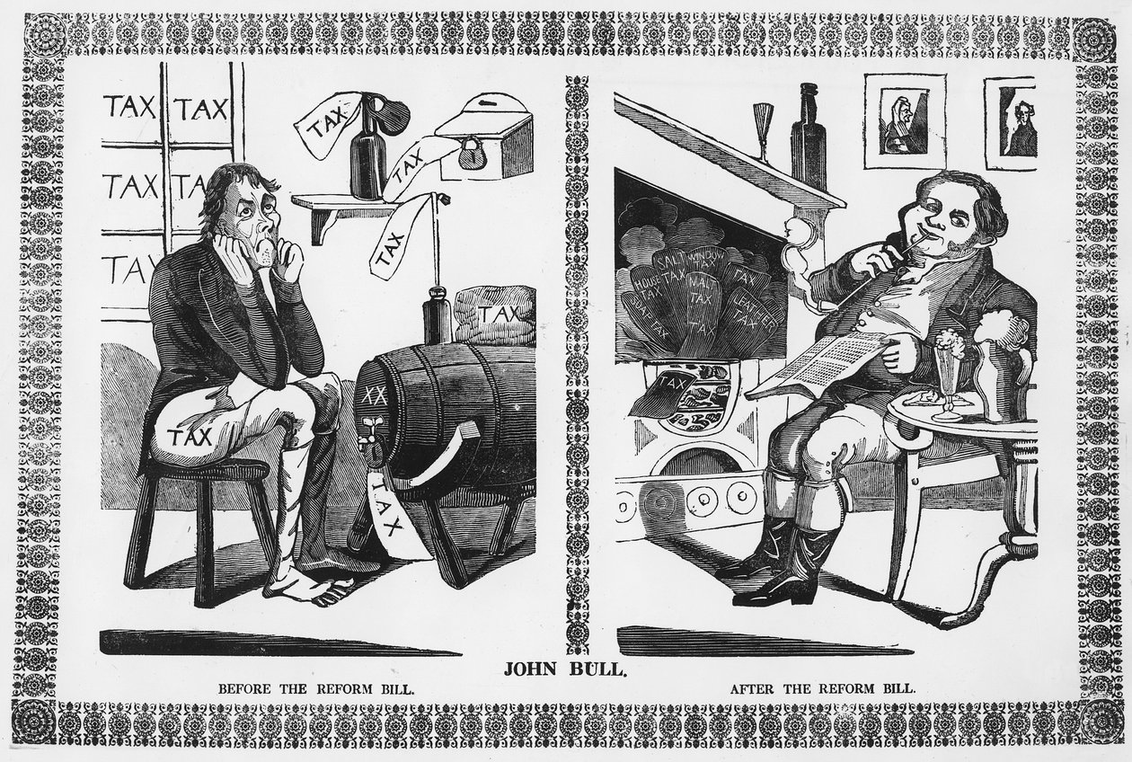 改革法案前後のジョン・ブル 作： 英語学校