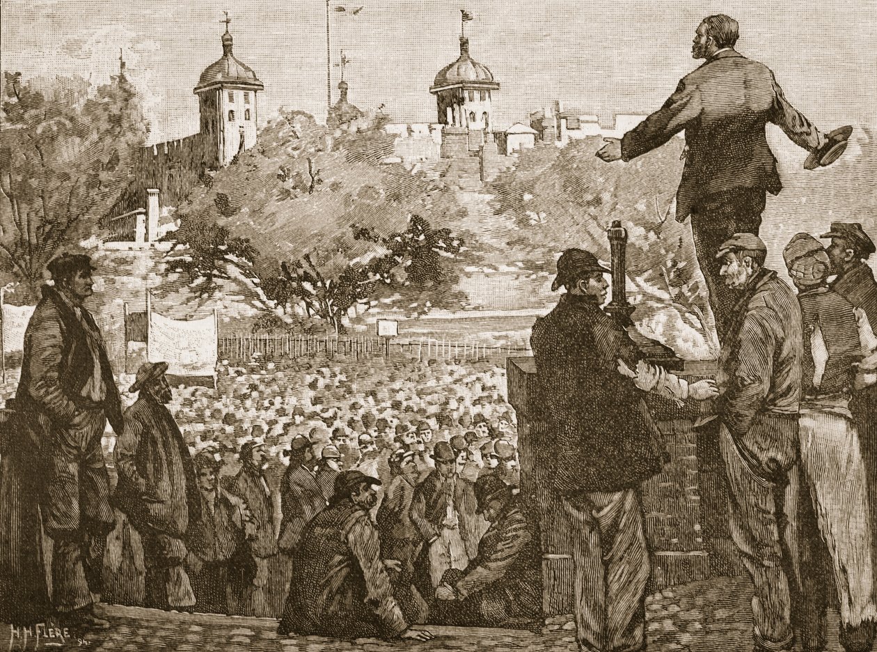 1889年、タワーヒルでの港湾労働者の集会で演説するジョンバーンズ、キャッセルズイラストレイテッドイングランドオブイングランドのイラスト（セピア写真） 作： 英語学校