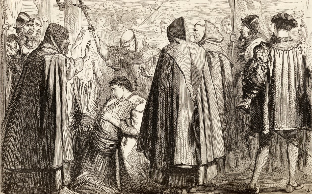 ジョンフリスは1533年に異端のために危険にさらされようとしている、1865年頃（木の彫刻） 作： 英語学校