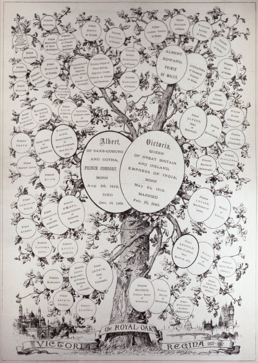 1887年3月12日の &39;The Illustrated London News&39;からのビクトリア女王陛下（1819-1901）の子孫を示す系統樹の鍵 作： 英語学校
