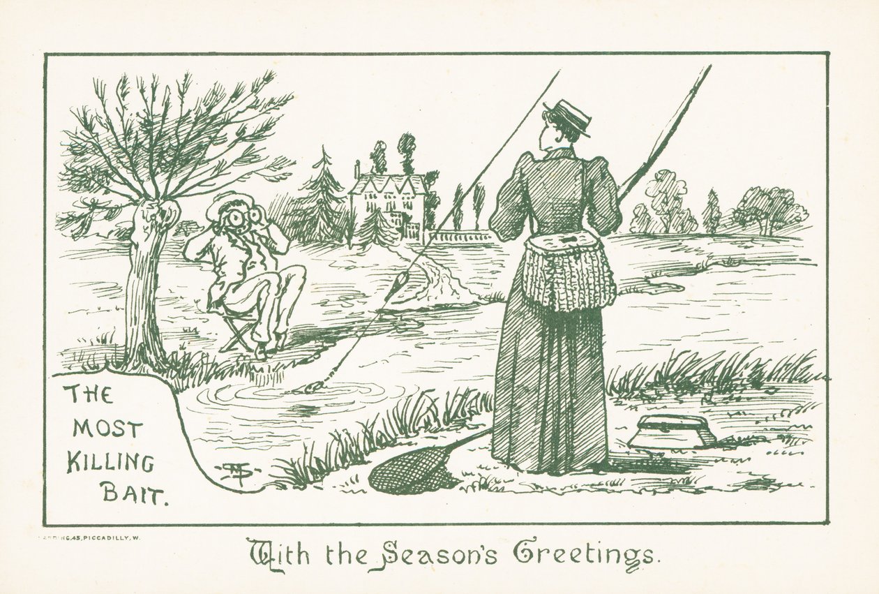 紳士に見守られながら釣りをする女性、クリスマスカード（クロモリト） 作： 英語学校