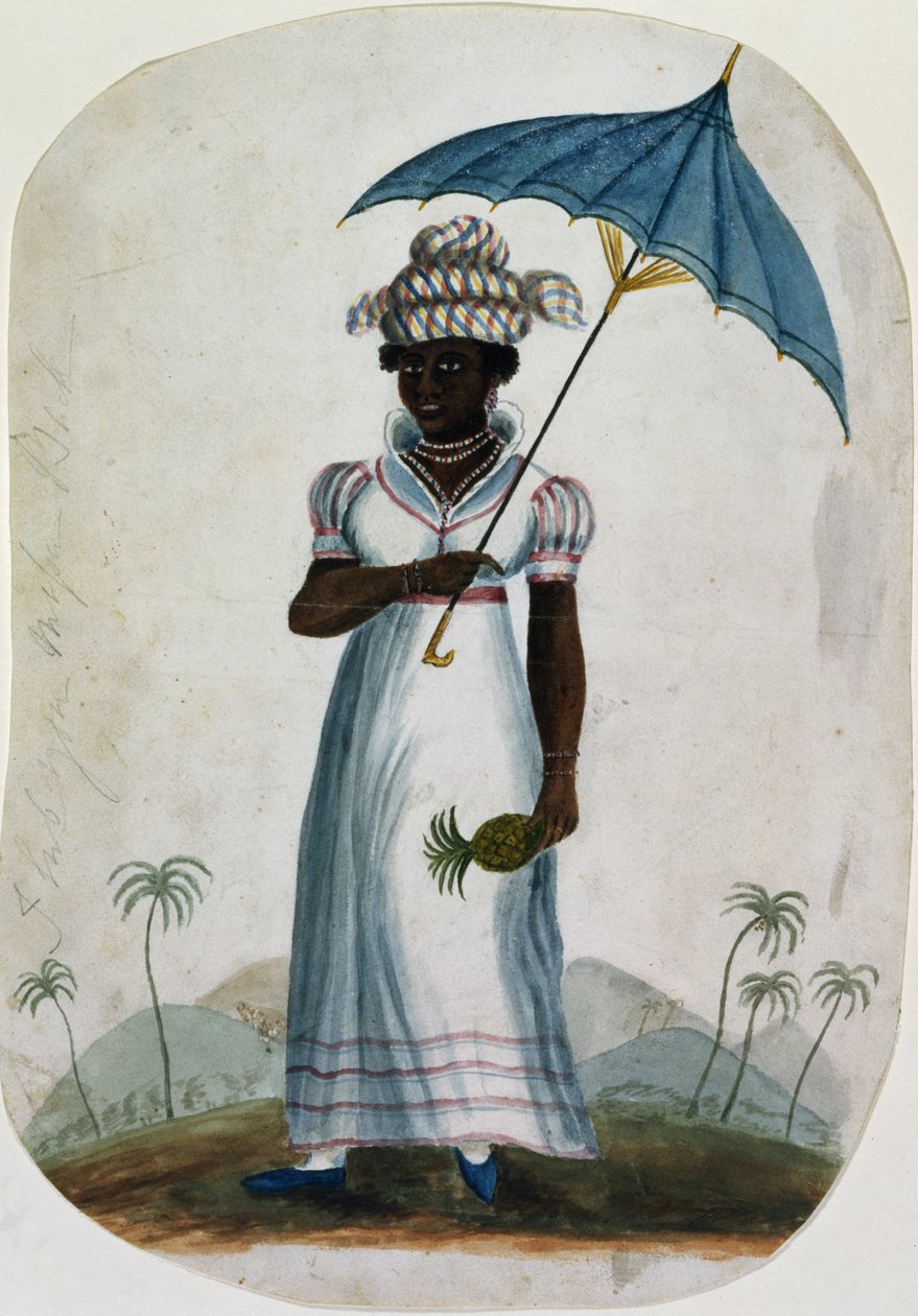 パラソルとパイナップルの女性、1840年頃（紙にトイレ） 作： 英語学校