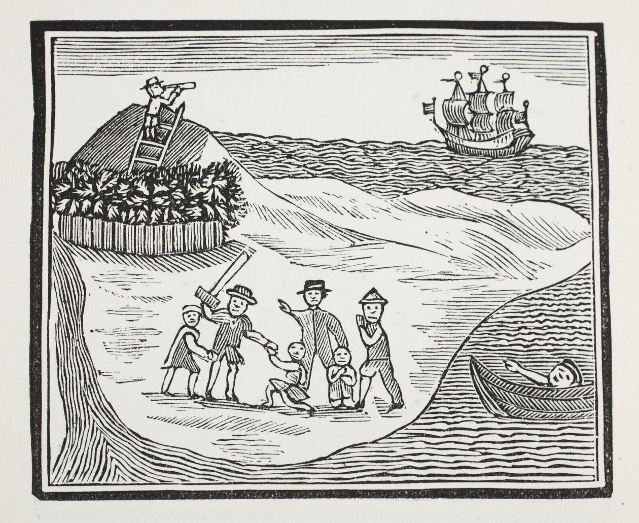 島でのMutinous Crewの着陸、John Ashtonによる18世紀のChap-booksのイラスト、パブ。 1882 作： 英語学校