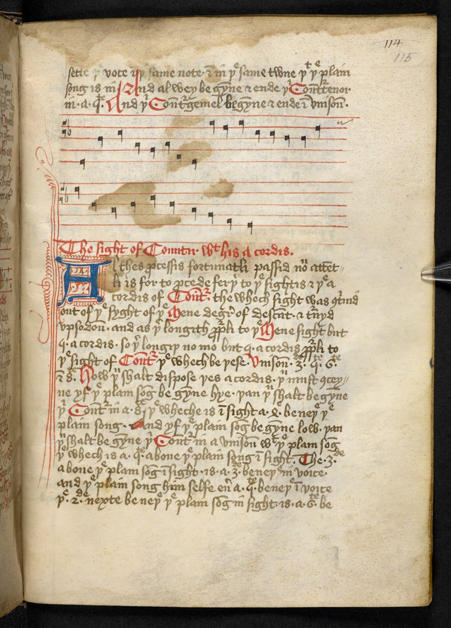Lansdowne 763, f.115r, 15 世紀に羊皮紙でかなり書かれたボリュームで、さまざまな著者による音楽に関する古代の非常に興味深い論文が含まれています。 作： 英語学校