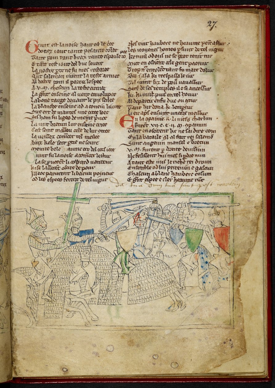 Lansdowne 782 f.27r 「シャンソン・ダ・アスプルモン」からのマウントされた騎士の間の戦い、c.1240-50（ベラム） 作： 英語学校