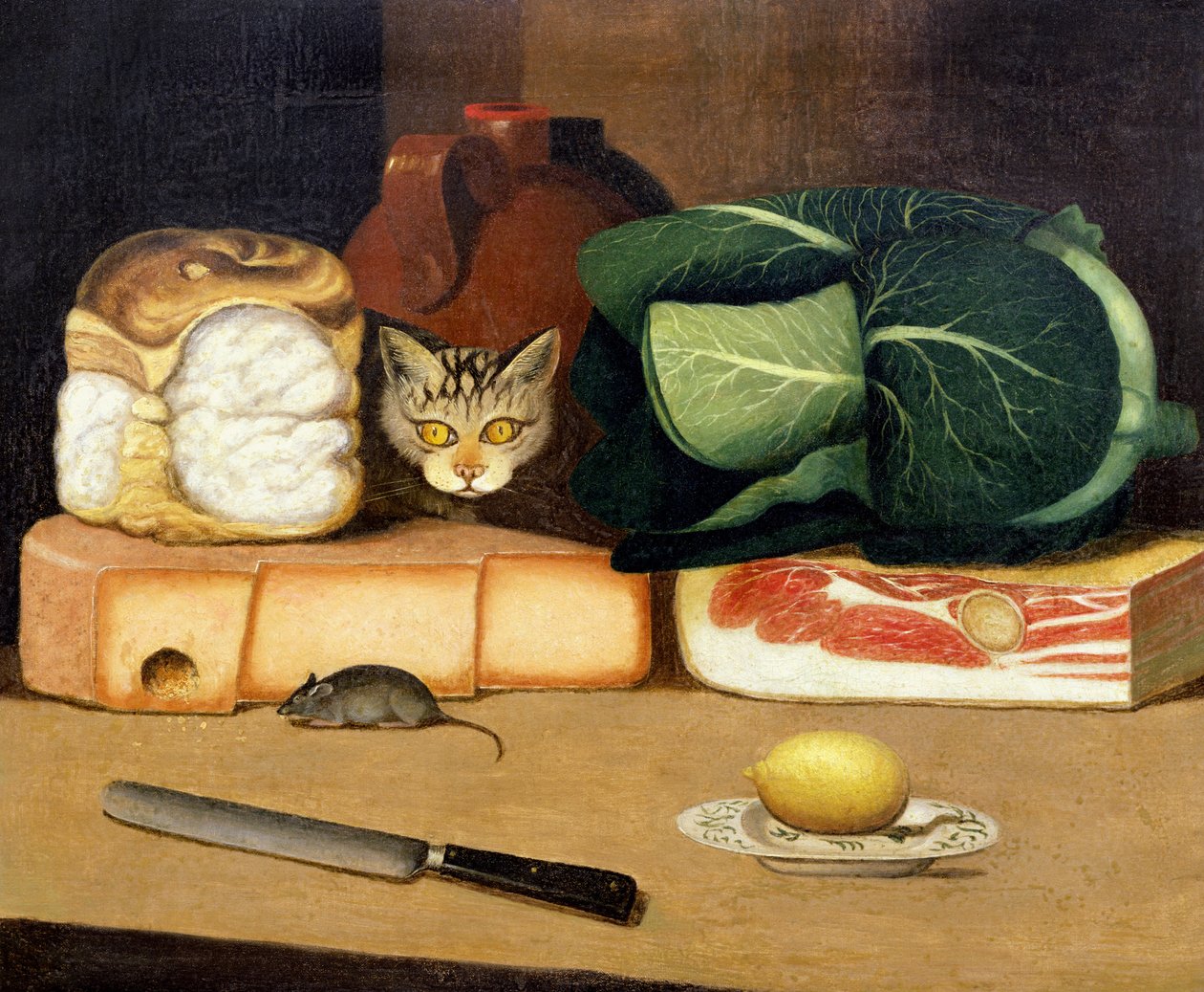 ねずみを狩る猫のいるラーダーの静物、1840年頃 作： 英語学校