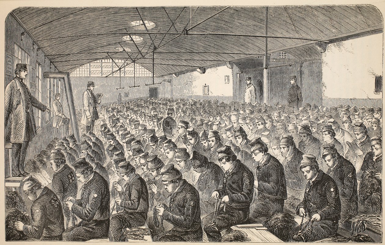 Middlesex House of Correction、Coldbath Fieldsにある大きなOakumルーム（サイレントシステムの下）、ロンドンの刑務所刑務所のイラスト、Henry MayhewとJohnによる刑務所の生活のシーン 作： 英語学校