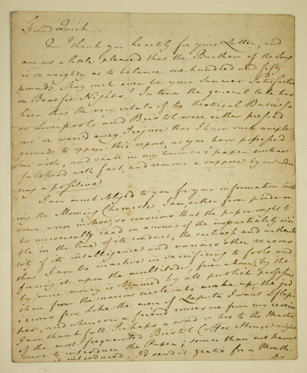 ウィリアム・ウッドフォール（1746-1803）から俳優ジョン・クイック（1748-1831）への、ヘイマーケットでのジョン・ヘンダーソンの好意的な評価に関する手紙 作： 英語学校