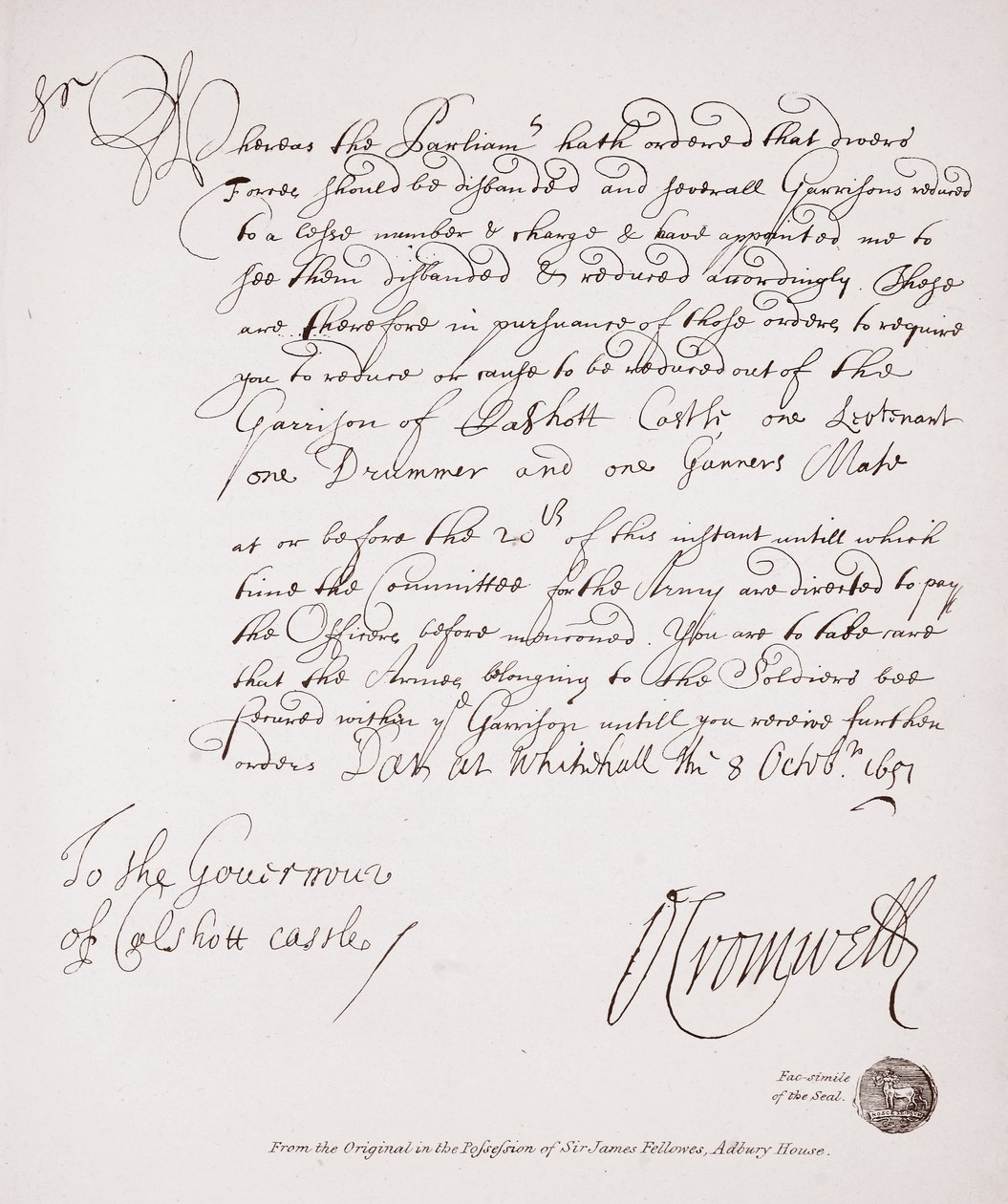 1651年、オリバー・クロムウェルからのカルショット城知事への手紙、ジェームズ・フェローズ卿、アドベリー・ハウスが所持していた原本の複製 作： 英語学校