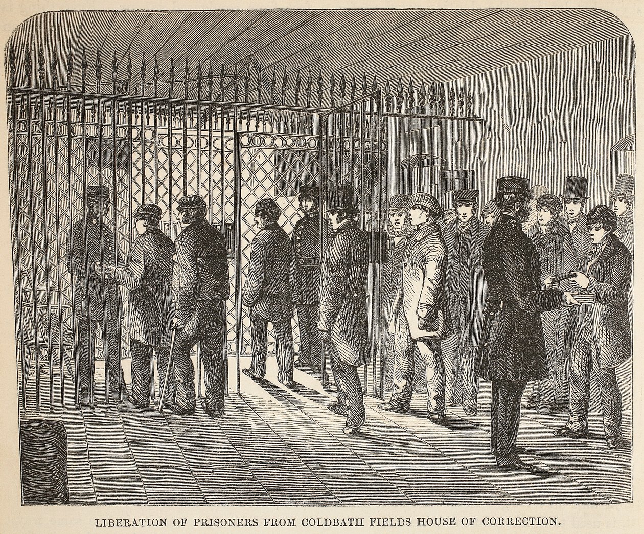 Coldbath Fields House of Correctionからの囚人の解放、ロンドンの刑務所刑務所からのイラスト、Henry MayhewとJohn Binnyによる刑務所生活のシーン、パブ。 1862 作： 英語学校