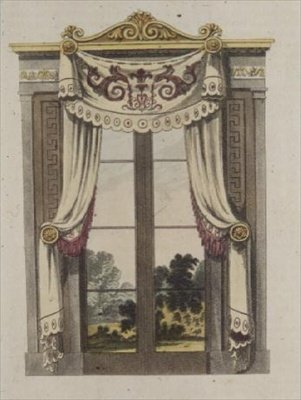 図書館の窓のカーテン、1815年発行の「アッカーマンの芸術のリポジトリ」のプレート70（カラーリトグラフ 作： 英語学校