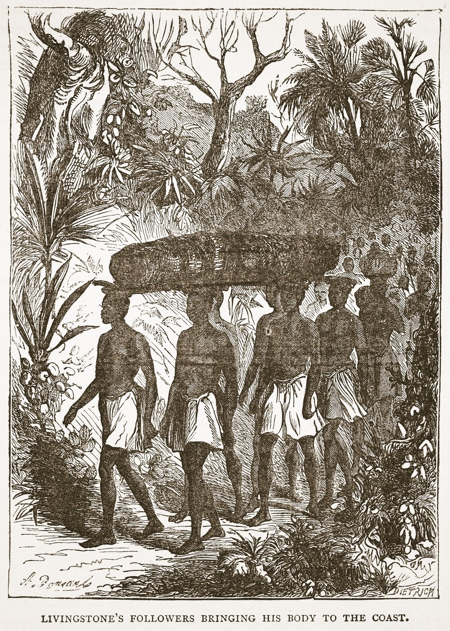 Livingstonesの信者は彼の体を海岸に持ってきました。イラストは、Pictorial Edition of the Life and Discoveries of David Livingstone by J. Ewing Richie、pubです。 A. Fullarton＆Co.、1876年（li 作： 英語学校