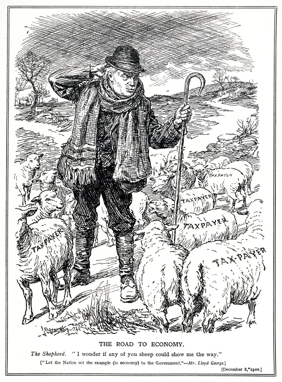 1920年12月、イギリスの羊飼いとしてのロイドジョージは、経済の回復を主導するように納税者（羊）に要求します。 作： 英語学校