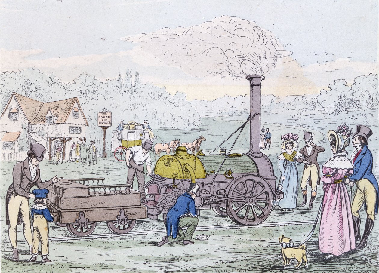 機関車エンジン、1830年のロケット、ジョージスティーブンソン（1781-1848）（アクアチント）によって建設 作： 英語学校