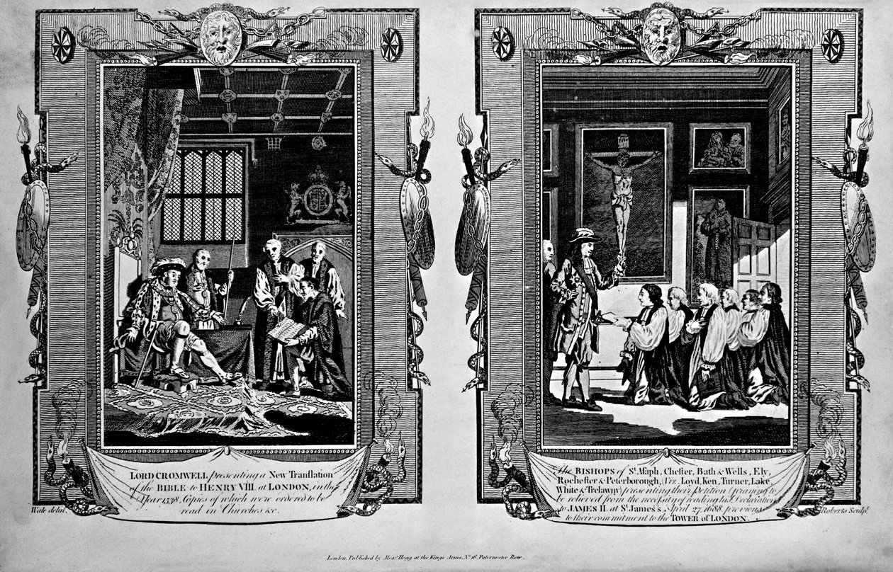 クロムウェル卿は1688年にヘンリー8世に聖書を提示し、司教たちはジェームズ2世にポールライトの「新しい完全な殉教者の書」から請願書を提出しました 作： 英語学校