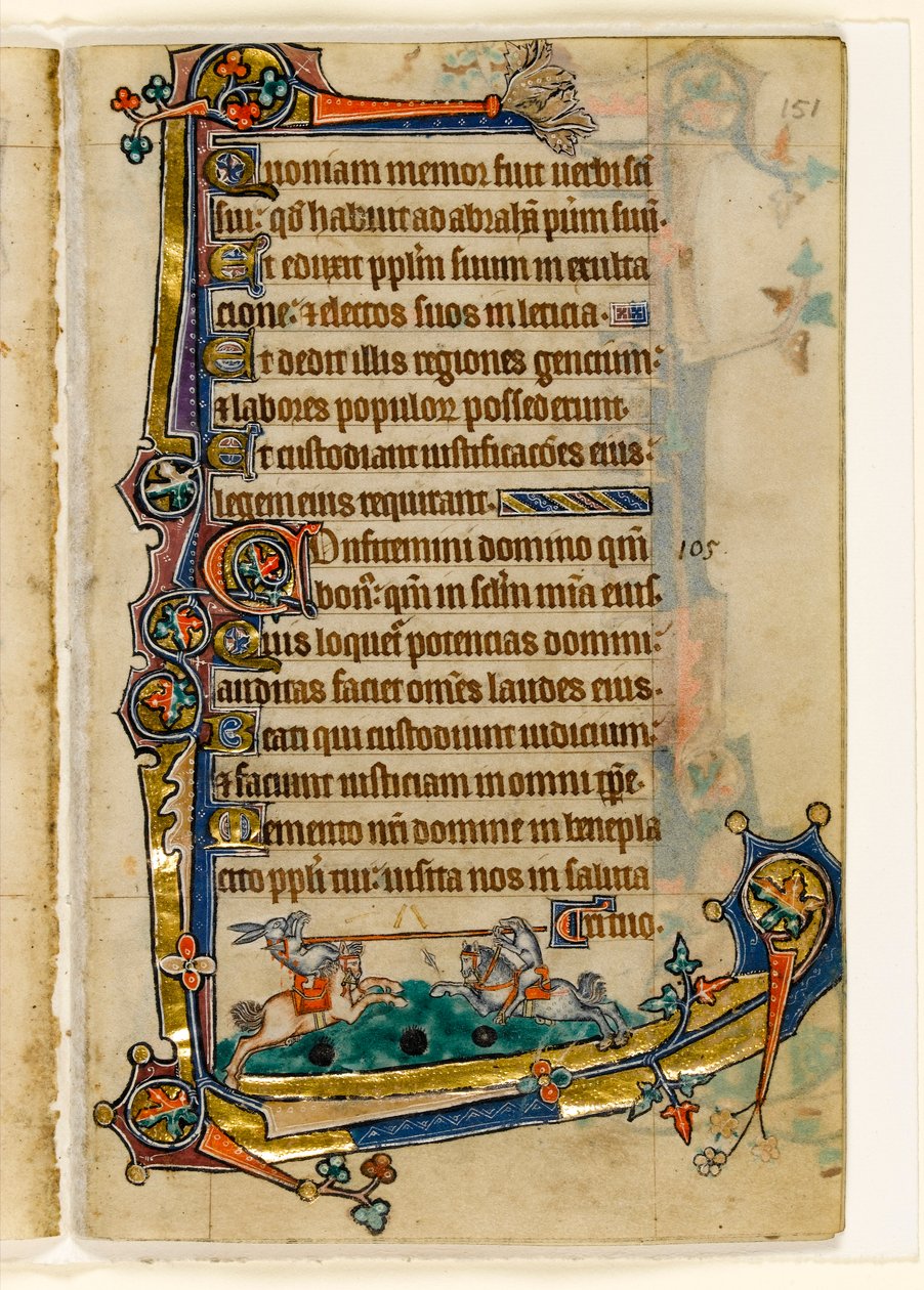 MS 1-2005、Fol。 151r：A Hound and Rabbit Jousting、Macclesfield Psalterの縁飾り、イーストアングリアの使用、1330年頃 作： 英語学校