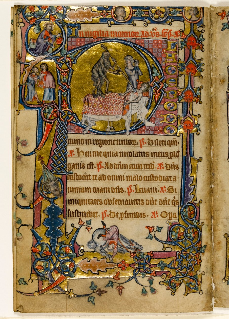 MS 1-2005, fol. 235v：1330年頃、イースト・アングリア、サラムのマックルズフィールド詩篇より、「死を打つ」（歴史的イニシャル「p」）（ヴェラム 作： 英語学校