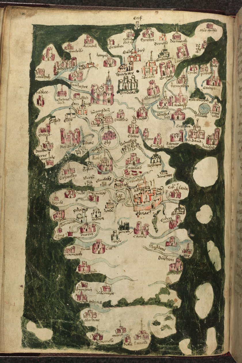 MS Harley 1808、f.9v イングランドとウェールズの地図、「Totius Britannae Tabula Chorographica」から、1400 年頃 (ベラム) 作： 英語学校