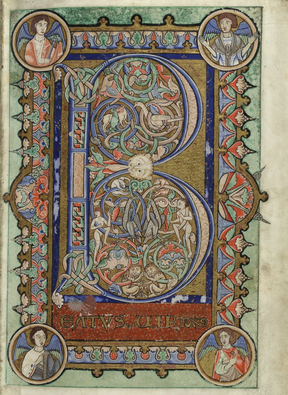 MS Hunter 229 f.22r from the Hunterian Psalter, c.1170 (ベラム紙にペンとインク、テンペラ) 作： 英語学校