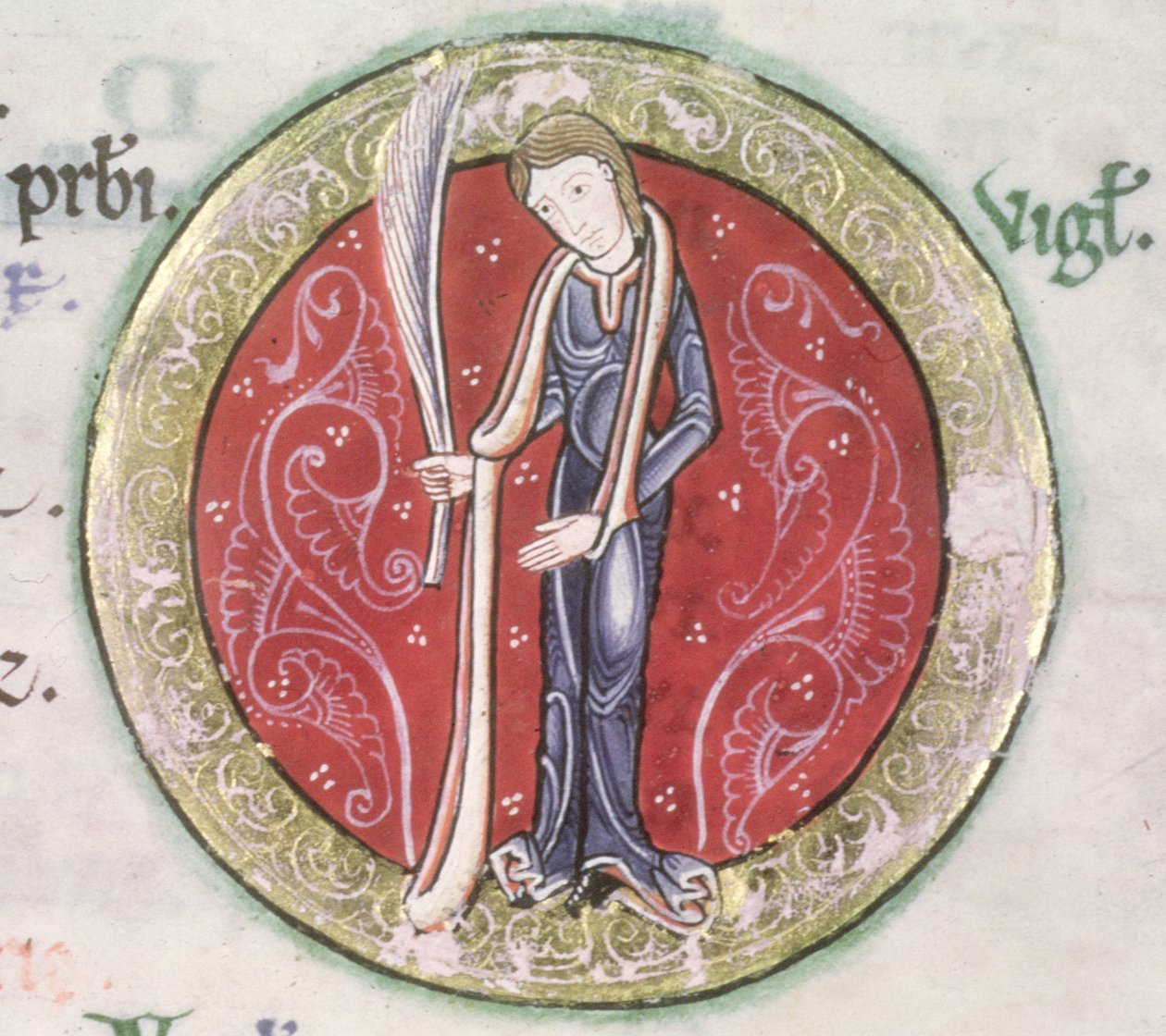 MS Hunter 229 f.4v Virgo、Hunterian Psalter から、1170 年頃 (ベラム紙にペンとインク、テンペラ) (詳細) 作： 英語学校