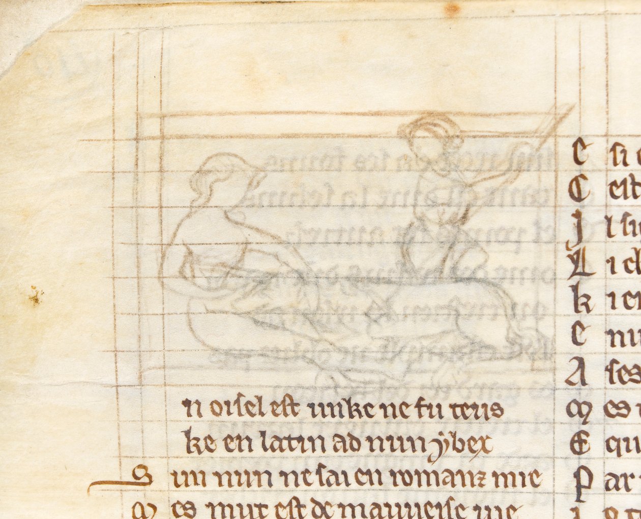 MS McClean 123 f.40v 1280年から1300年頃の『ナニートン書』に収録された、処女の膝の上に裸で横たわるユニコーンを狩人が捕まえる様子を描いた細密画の下絵（羊皮紙にインク）（418062の詳細 作： 英語学校