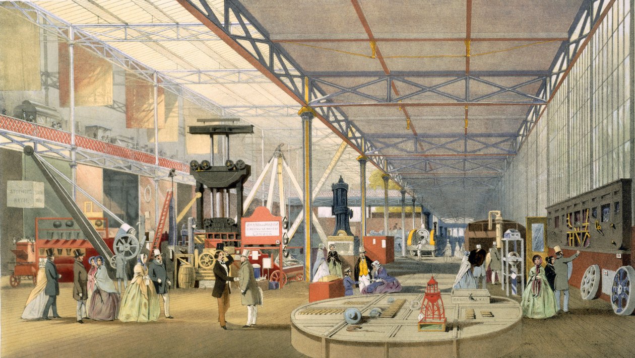 1851年に発行された1851年の大展覧会のディッキンソンス総合写真からの機械、カラーリトグラフ 作： 英語学校