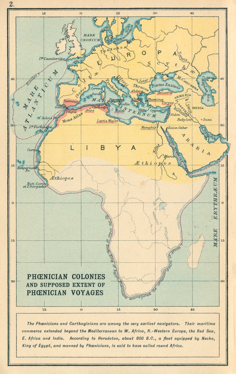 地図フェニキア植民地とフェニキア航海の推定範囲 (カラーリトグラフ) 作： 英語学校