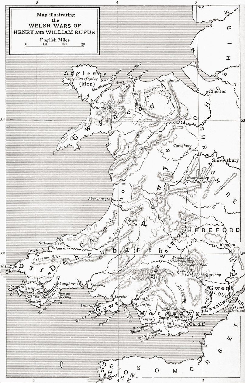 ウィリアムルーファスとヘンリー1世のウェールズ戦争を描いた地図（JRグリーンの「イギリス人の短い歴史」より）、1893年発行 作： 英語学校