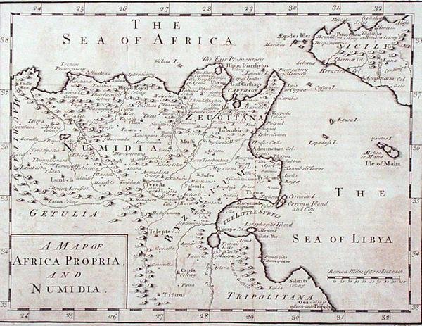 アフリカ・プロプリアとヌミディア（現在のチュニジアとアルジェリア）の地図 18世紀後半（彫刻） 作： 英語学校
