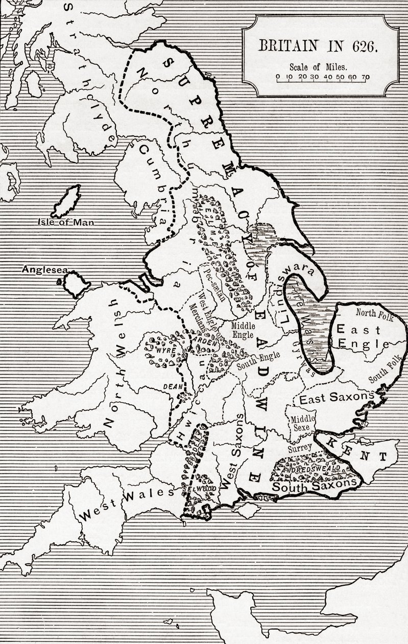 ノーサンブリア王国588から685までの626年のイギリスの地図、JRグリーンの「イギリス人の短い歴史」、1893年発行 作： 英語学校