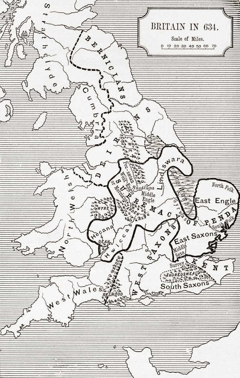 ノーサンブリア王国588から685までの634年のイギリスの地図 作： 英語学校
