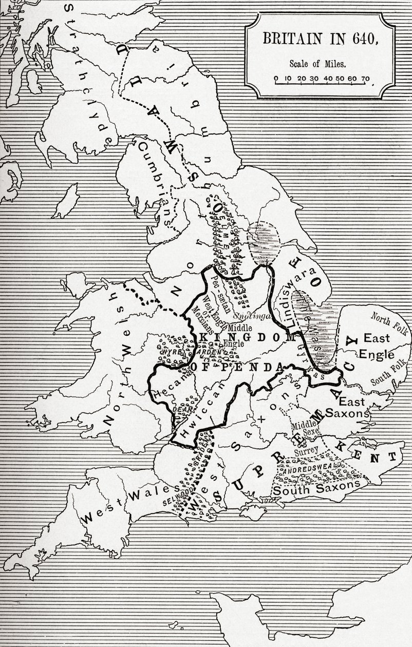 JRグリーンによる「イギリス人の短い歴史」のノーサンブリア王国からの640年のイギリスの地図、1893年公開 作： 英語学校