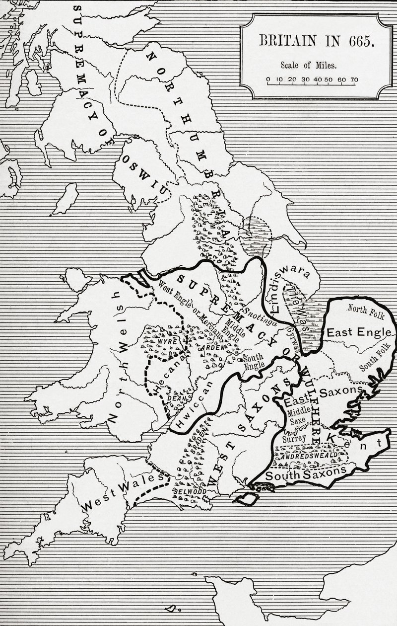 1859年に発行されたJRグリーンの「イギリス人の短い歴史」のノーサンブリア王国588から685までの665年のイギリスの地図 作： 英語学校
