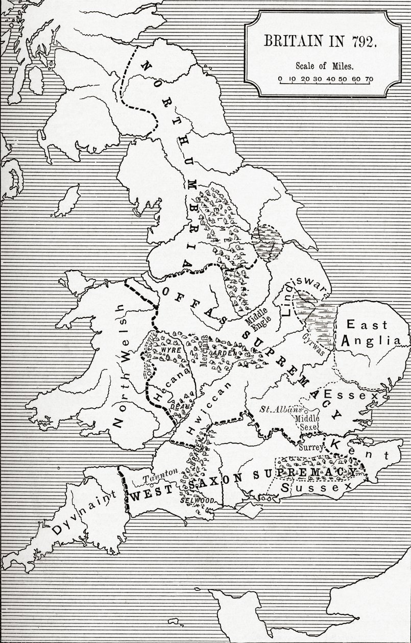 JRグリーンが発行した「イギリス人の短い歴史」（1893年）の3つの王国685から828までの792年のイギリスの地図 作： 英語学校