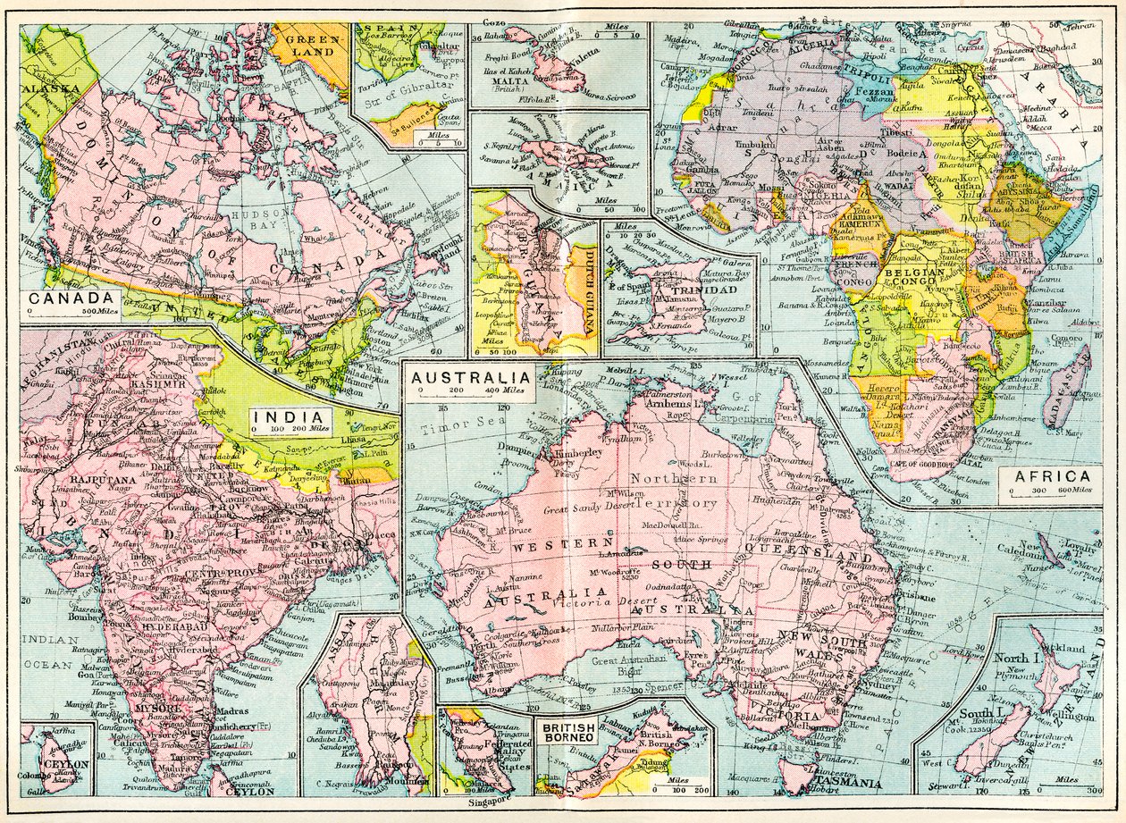 第一次世界大戦が勃発した1914年のイギリス領の地図（The British Empire Universities Modern English Illustrated Dictionary, pub.1914より）。 作： 英語学校