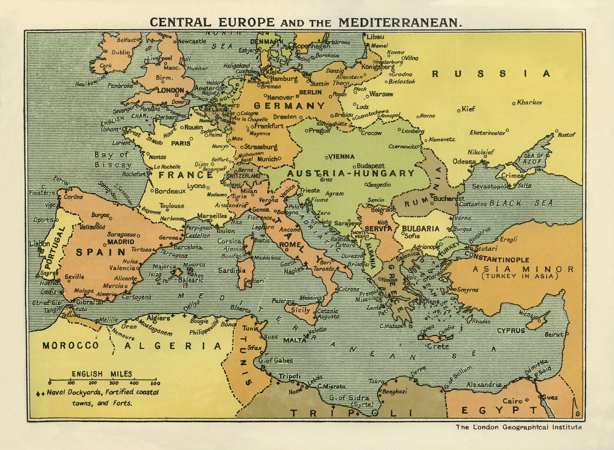 中央ヨーロッパと地中海の地図、「ヨーロッパ大戦史第3巻」より（印刷物） 作： 英語学校