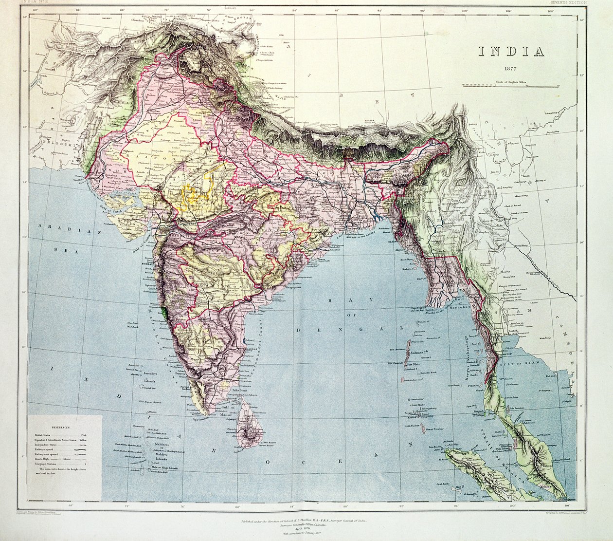 インドの地図、HR Thuillier大佐、RE、インドの測量官、1877年の指示の下で公開 作： 英語学校