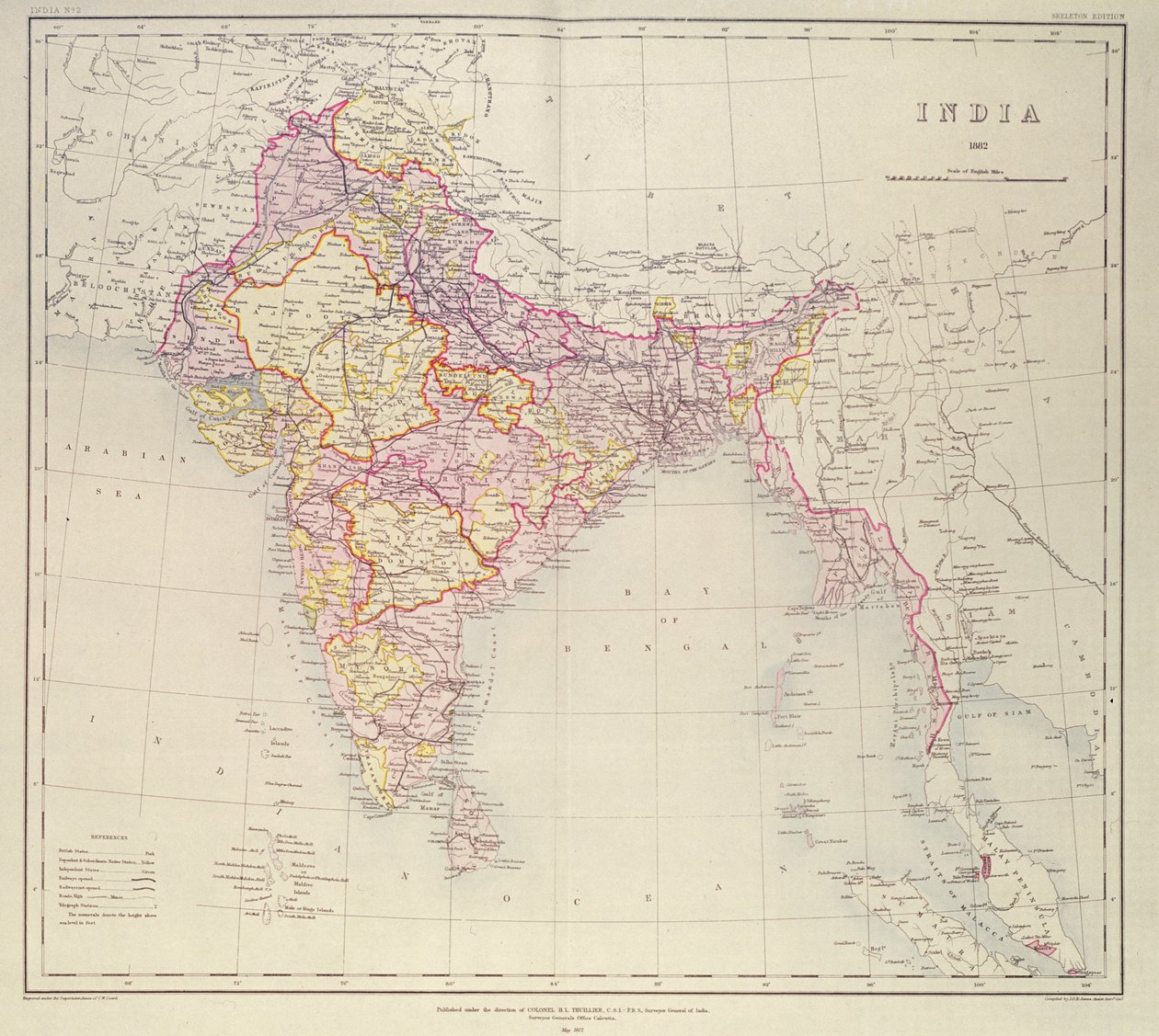 インドの地図、HR Thuillier大佐、RE、インドの測量官、1882年の指示の下で公開 作： 英語学校