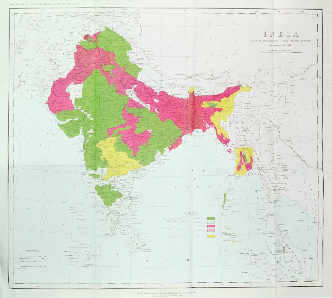 帝国調査の進捗状況を示すインドの地図、大佐HR Thuillier、RE、インド総督、1888年発行 作： 英語学校