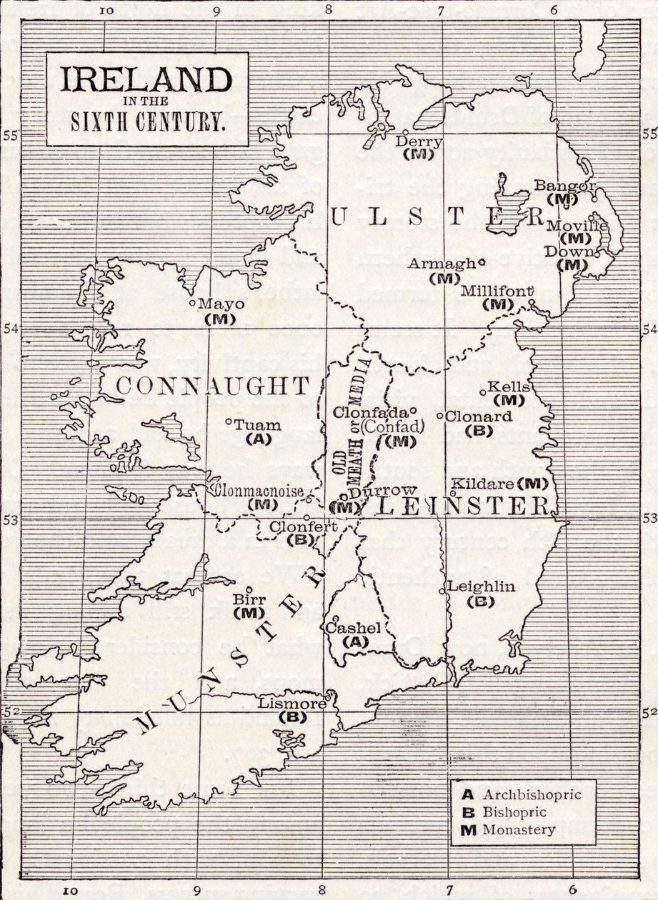 6世紀のアイルランドの地図、 『イギリスの教会：国民のための歴史』、1910年頃出版 作： 英語学校