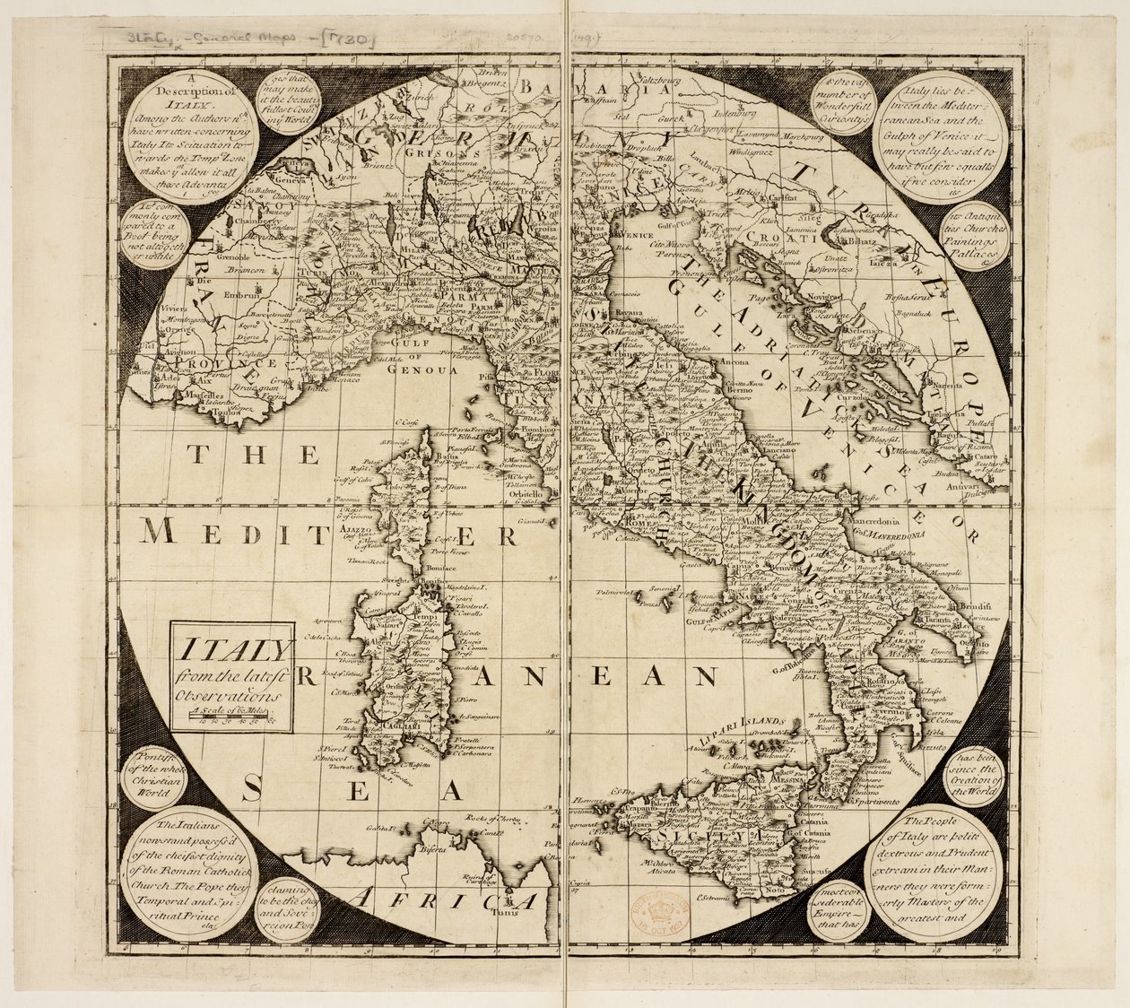 イタリアの地図、1730年頃（彫刻） 作： 英語学校