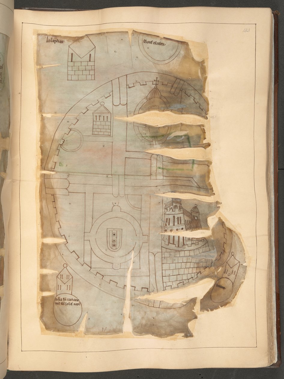 エルサレムの地図、「Winchcombe Chronicle」より、MS Cotton Tiberius E. IV、fol.143r (ベラム) 作： 英語学校