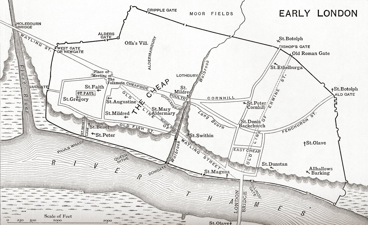 11世紀のロンドンの地図、JRグリーンの「イギリス人の短い歴史」から出版、1893年 作： 英語学校