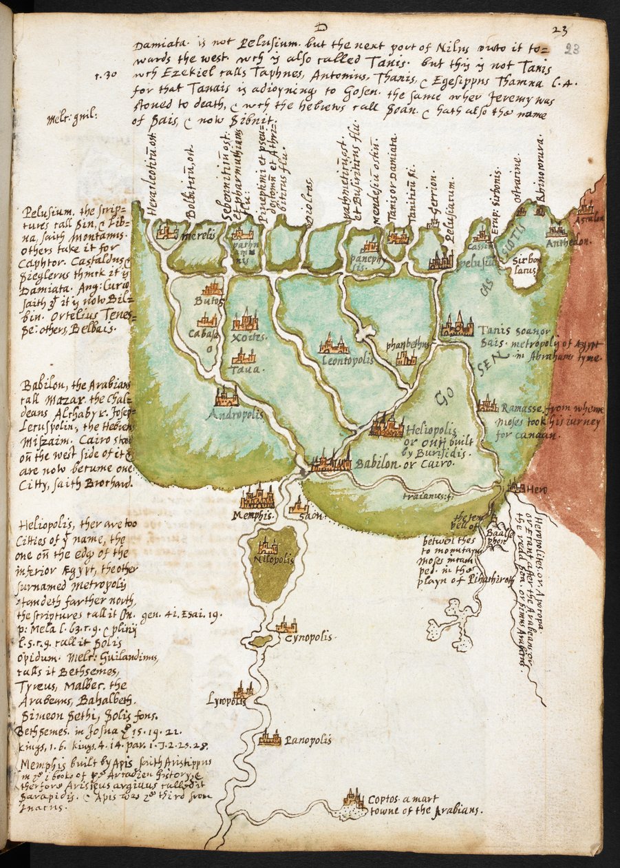 下エジプトの地図、サー・ウォルター・ローリーのノート（1552-1618）、1606-08年頃（紙にペンとインク） 作： 英語学校