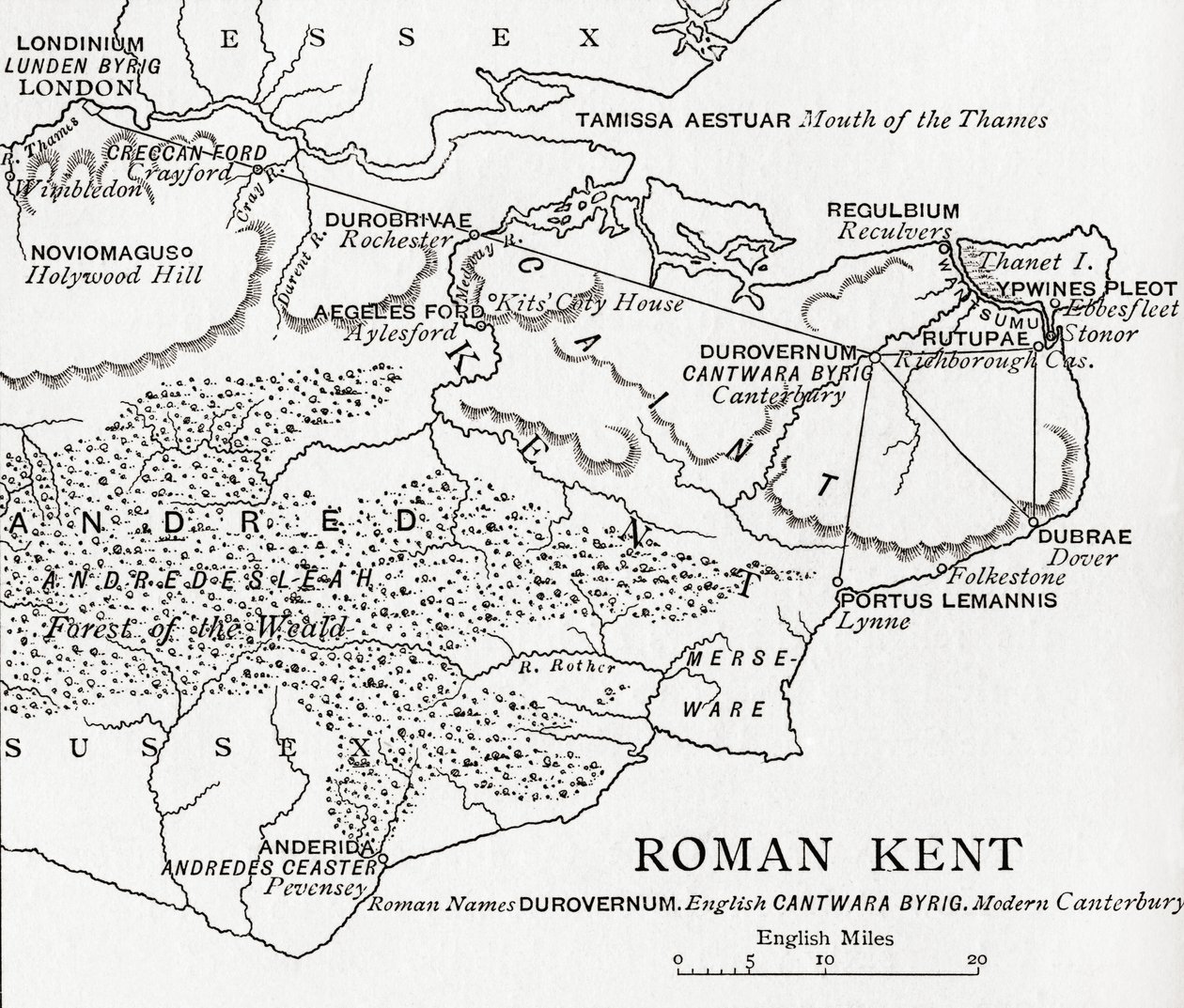 1823年に発行された、JRグリーンの「イギリス人の短い歴史」からのイギリスのローマンケントの地図 作： 英語学校