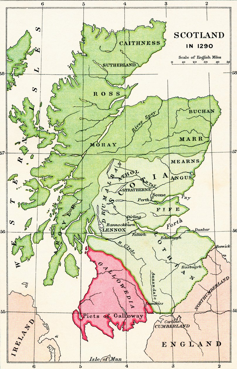 JRグリーンによる「イギリス人の短い歴史」からの1290年のスコットランドの地図、1893年公開 作： 英語学校