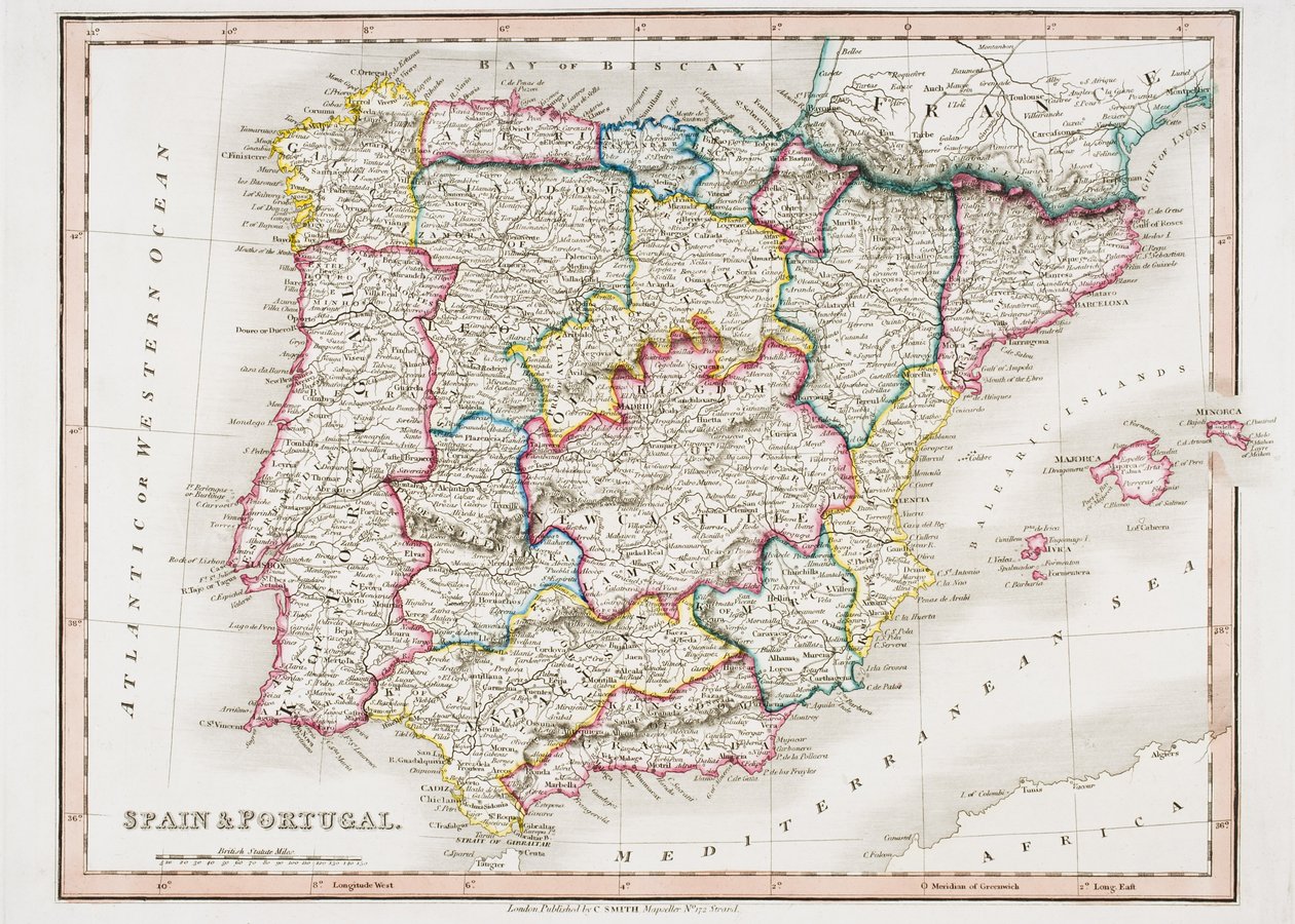 1850年にロンドンのC. Smith Mapsellerによって発行された「Smith&39;s General Atlas」からのスペインとポルトガルの地図（カラーリソ） 作： 英語学校