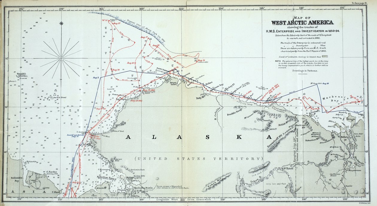 1850年から1854年までのHMS EnterpriseおよびInvestigatorの軌跡を示す西北極アメリカの地図 作： 英語学校