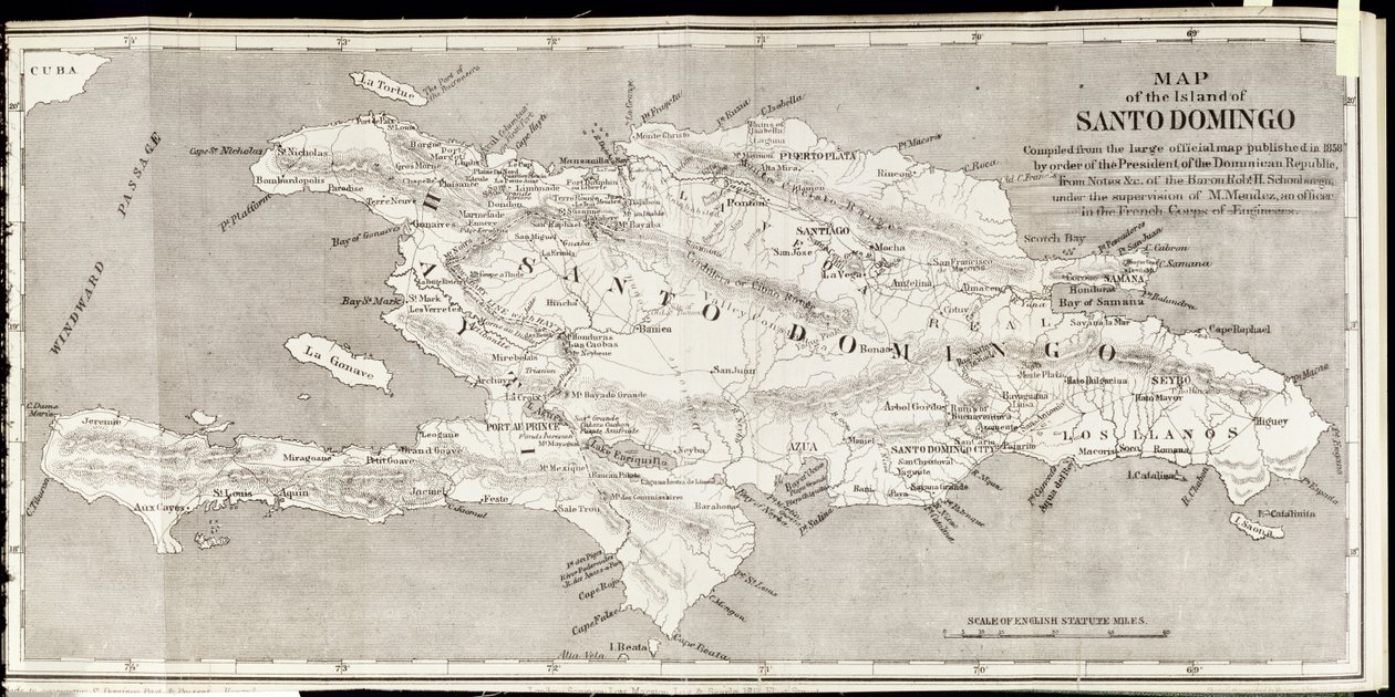 Samuel Hazardによる &39;Santo Domingo過去と現在&39;からのサントドミンゴ島の地図、パブ。 1873（フォトリソ） 作： 英語学校